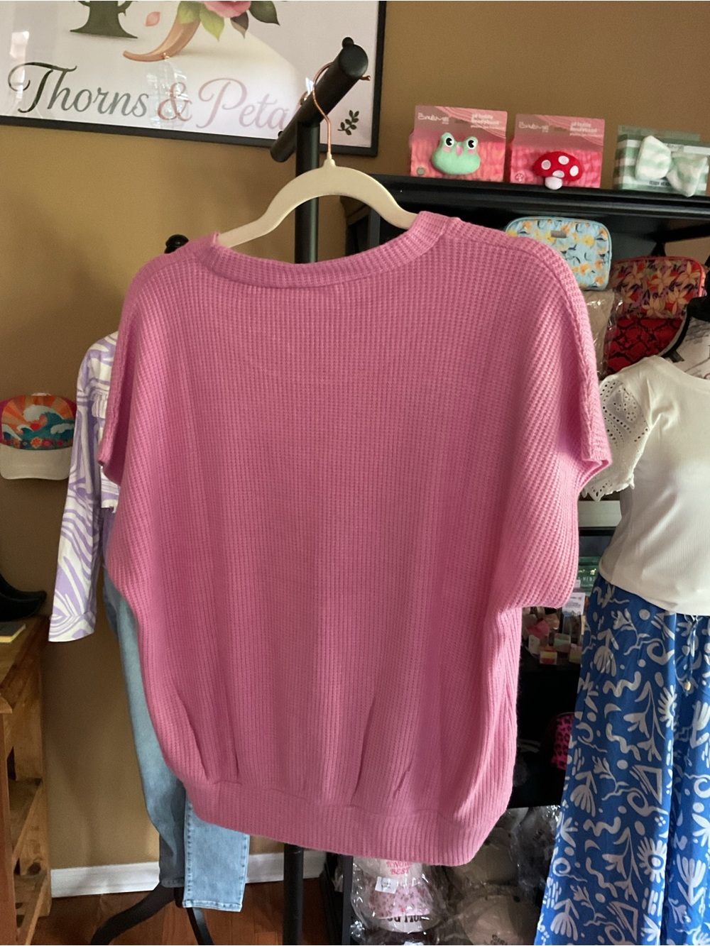 Zenana Outfitters Pink Short Sleeve Waffle Knit Crew Sweater - Picture 2 of 2